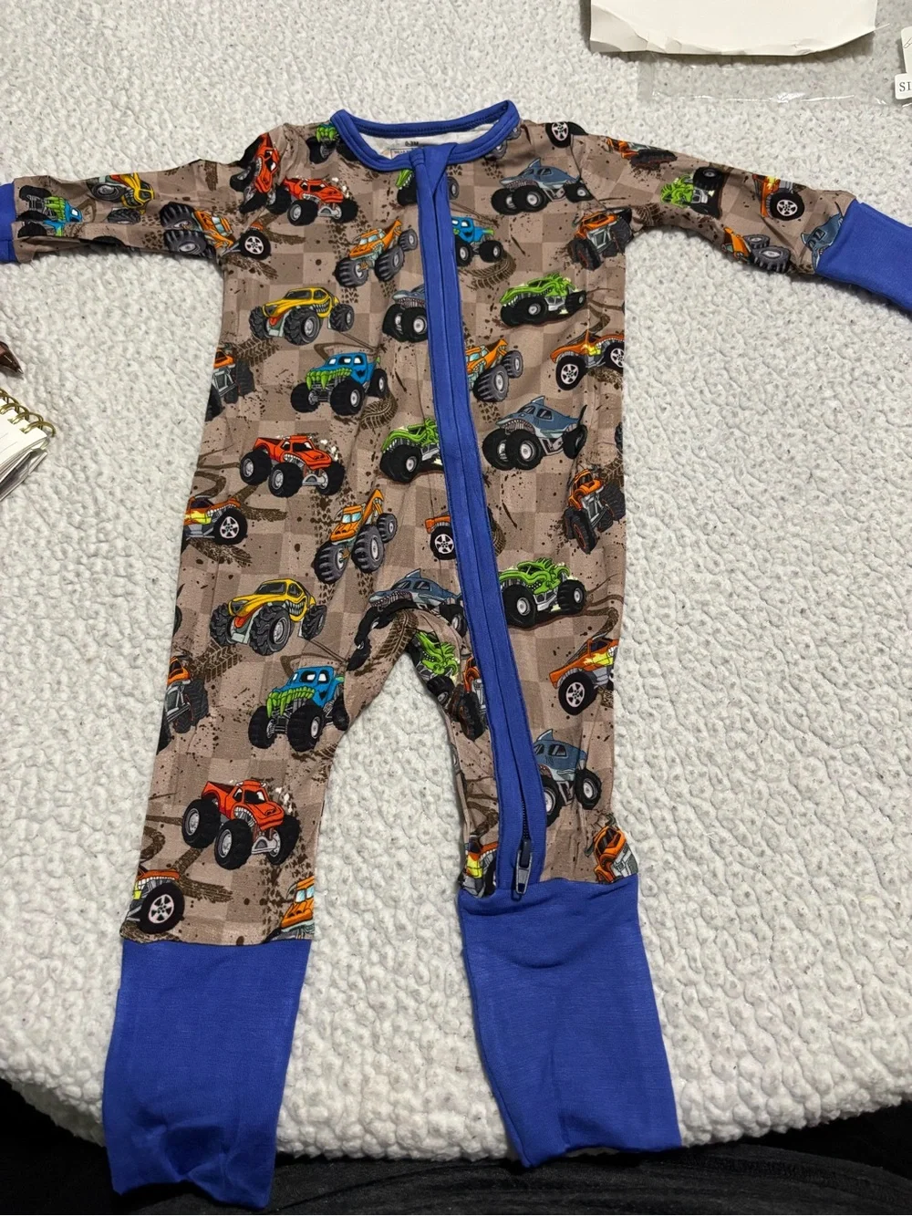 Blue-Trim Monster Truck Print Kids One-Piece Pajamas